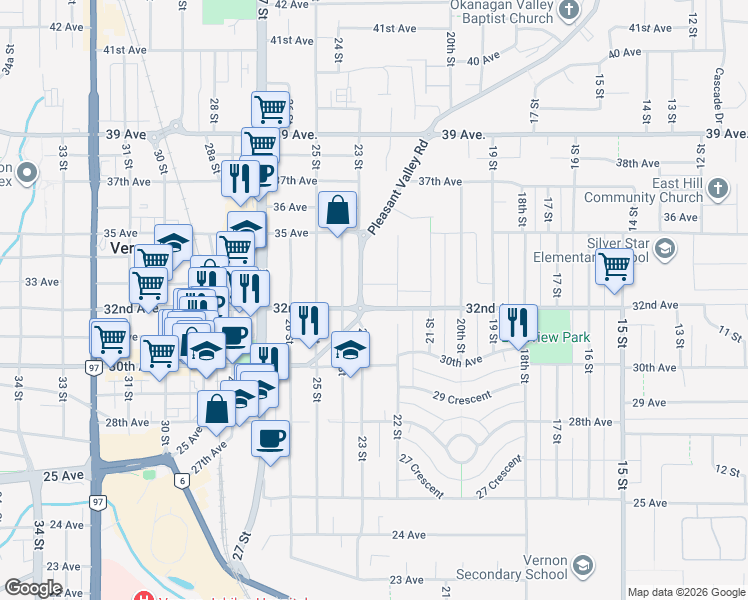 map of restaurants, bars, coffee shops, grocery stores, and more near 3103 Pleasant Valley Road in Vernon