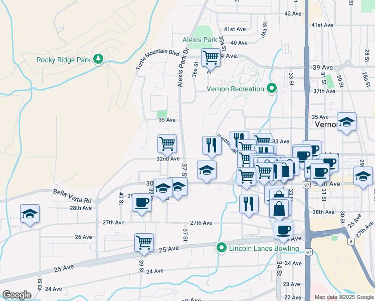 map of restaurants, bars, coffee shops, grocery stores, and more near 3016 37 Street in Vernon