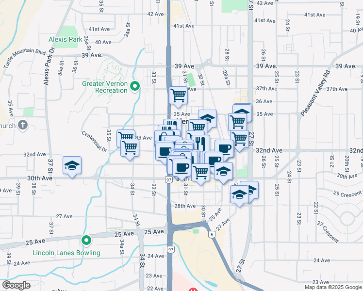 map of restaurants, bars, coffee shops, grocery stores, and more near in Vernon