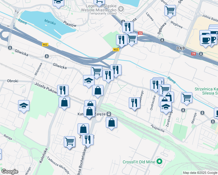 map of restaurants, bars, coffee shops, grocery stores, and more near 40 Bocheńskiego in Katowice