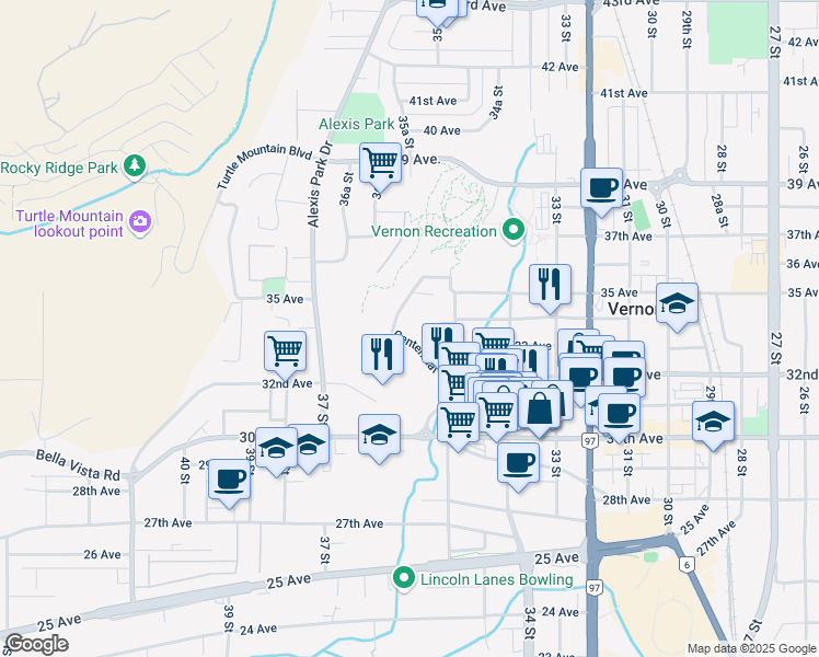 map of restaurants, bars, coffee shops, grocery stores, and more near 3301 Centennial Drive in Vernon