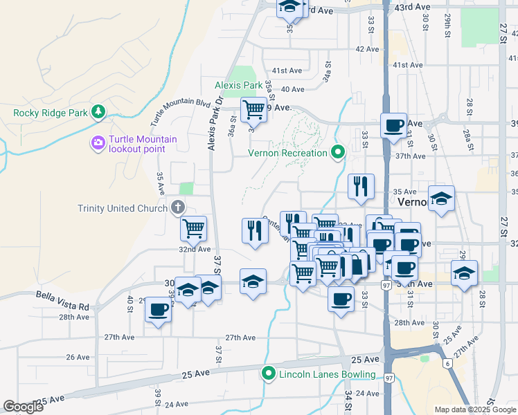 map of restaurants, bars, coffee shops, grocery stores, and more near 3301 Centennial Drive in Vernon
