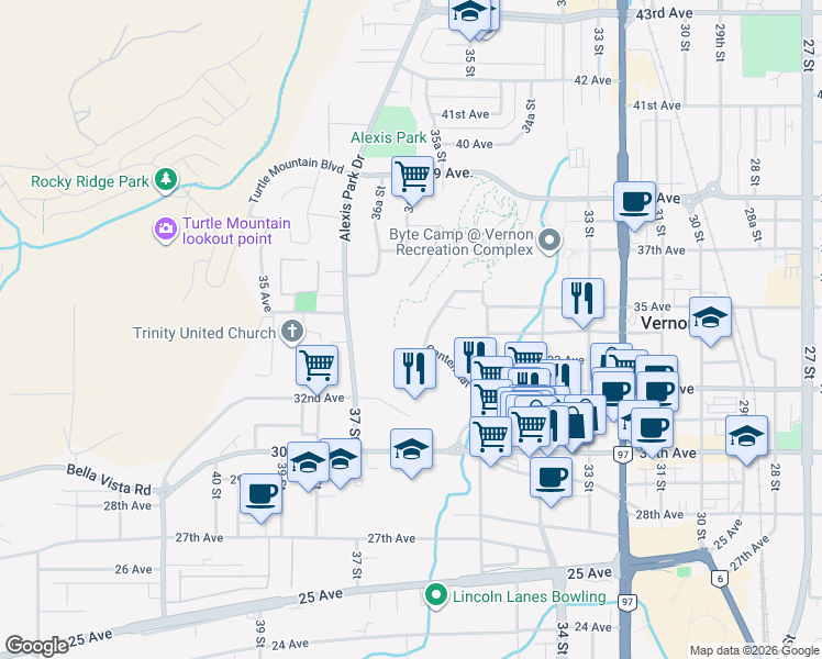 map of restaurants, bars, coffee shops, grocery stores, and more near 3400 Centennial Drive in Vernon