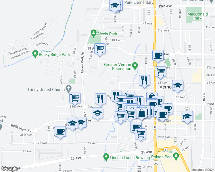 map of restaurants, bars, coffee shops, grocery stores, and more near 3301 Centennial Drive in Vernon