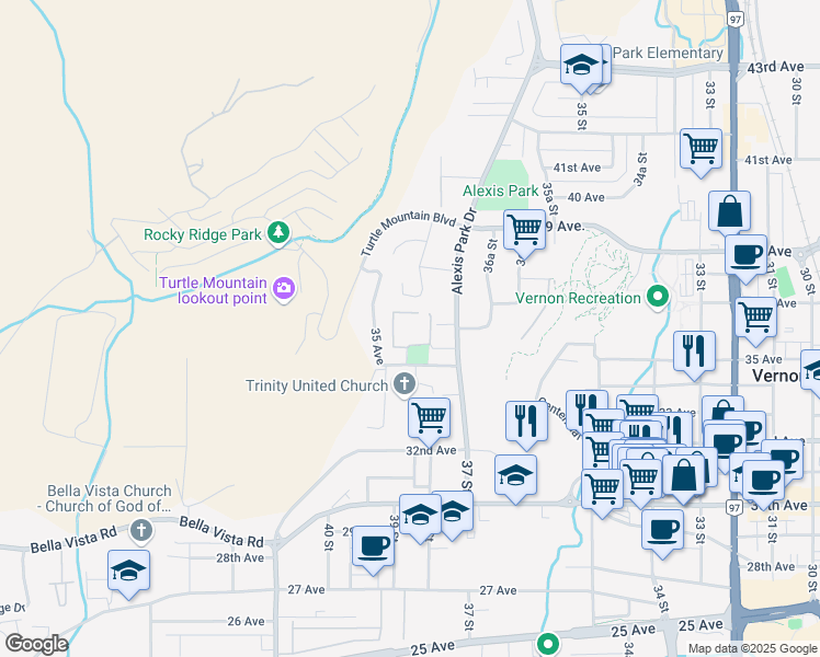map of restaurants, bars, coffee shops, grocery stores, and more near in Vernon