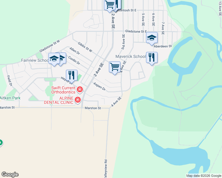 map of restaurants, bars, coffee shops, grocery stores, and more near 355 Aspen Drive in Swift Current