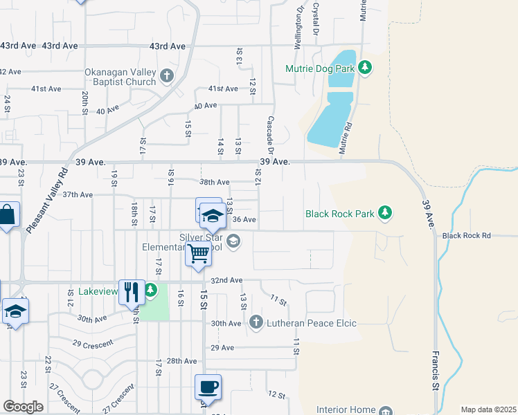 map of restaurants, bars, coffee shops, grocery stores, and more near 3607 12 Street in Vernon