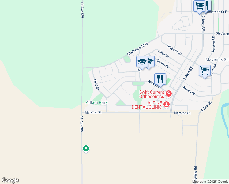 map of restaurants, bars, coffee shops, grocery stores, and more near 424 Hayes Drive in Swift Current