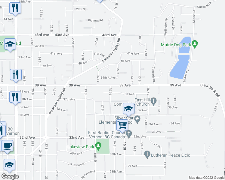 map of restaurants, bars, coffee shops, grocery stores, and more near 3803 16 Street in Vernon