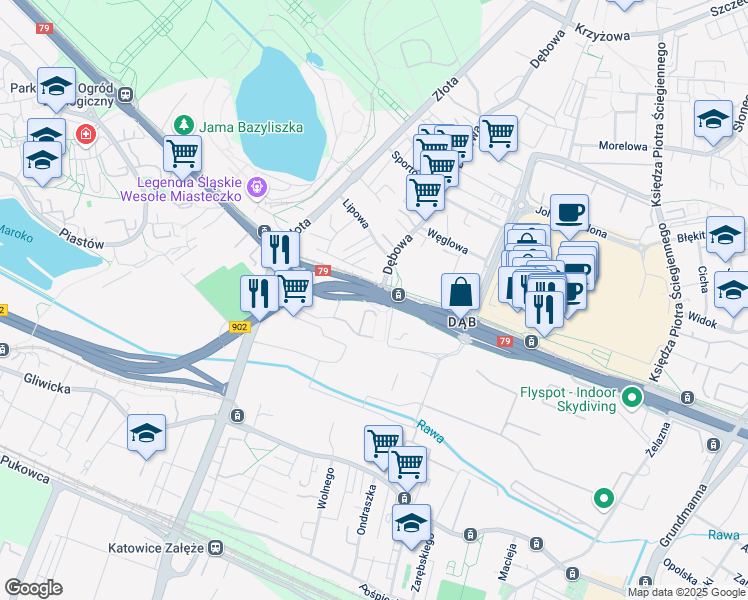 map of restaurants, bars, coffee shops, grocery stores, and more near 158 Chorzowska in Katowice