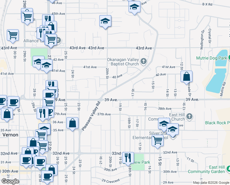 map of restaurants, bars, coffee shops, grocery stores, and more near 3909 Pleasant Valley Road in Vernon