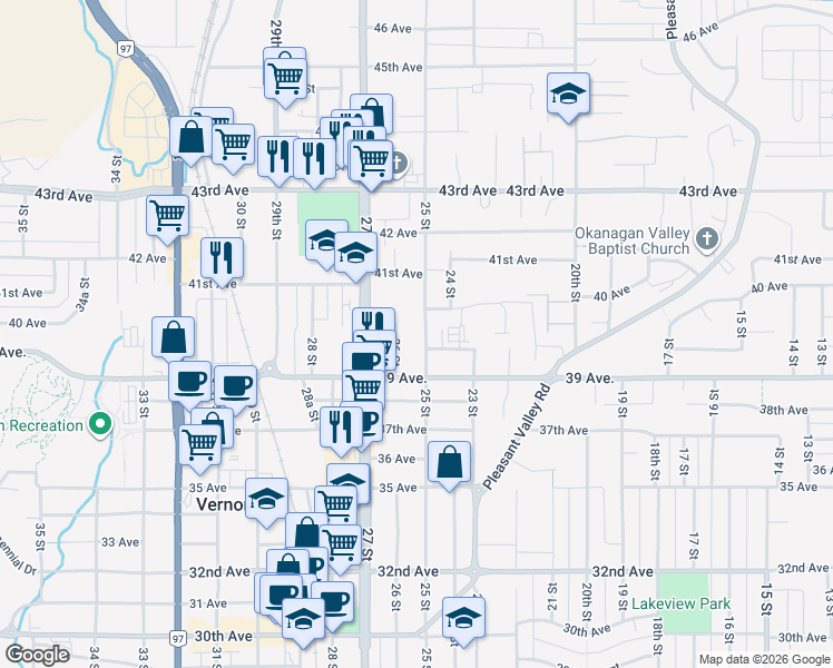 map of restaurants, bars, coffee shops, grocery stores, and more near 3905 26 Street in Vernon