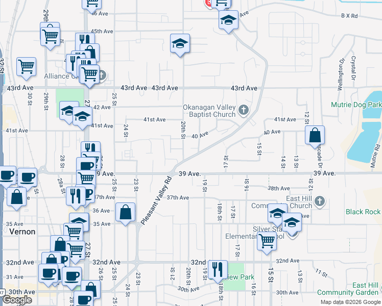 map of restaurants, bars, coffee shops, grocery stores, and more near 3909 Pleasant Valley Road in Vernon