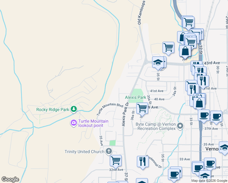 map of restaurants, bars, coffee shops, grocery stores, and more near 3800 40 Avenue in Vernon