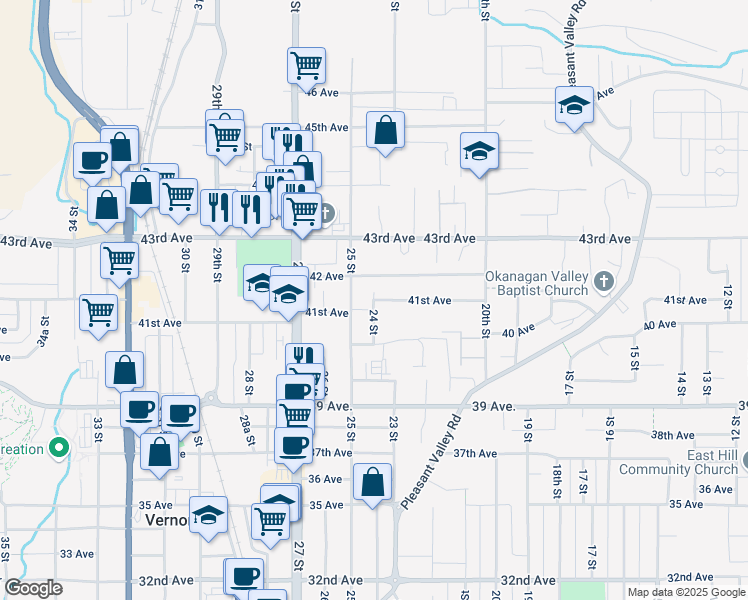 map of restaurants, bars, coffee shops, grocery stores, and more near 41st Avenue in Vernon