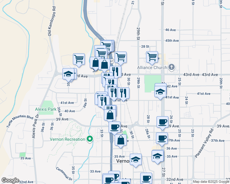 map of restaurants, bars, coffee shops, grocery stores, and more near 4100 32 Street in Vernon