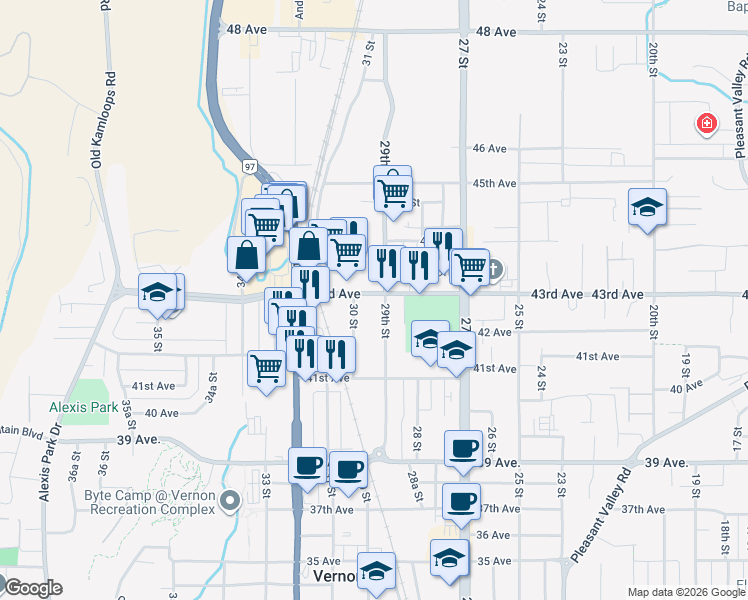 map of restaurants, bars, coffee shops, grocery stores, and more near 2902 43rd Avenue in Vernon