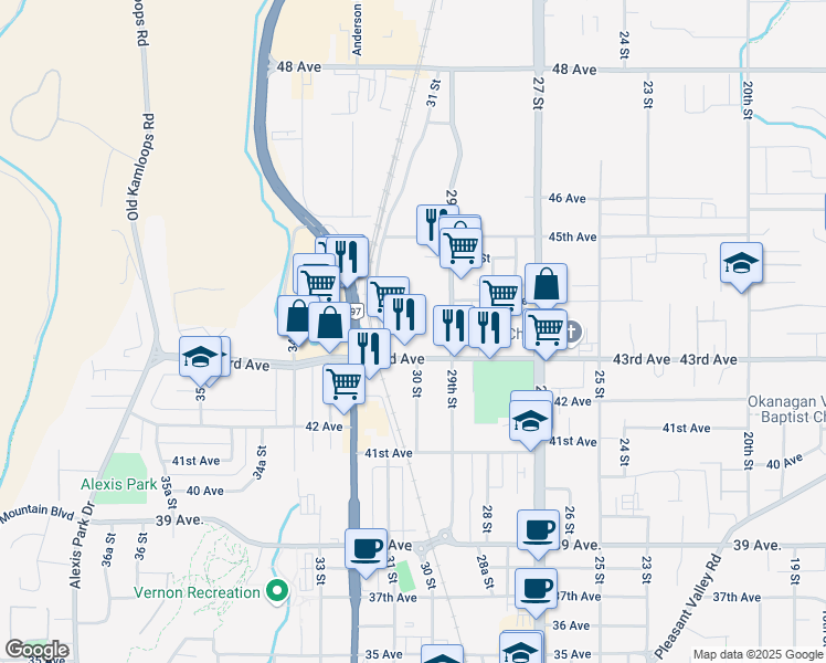 map of restaurants, bars, coffee shops, grocery stores, and more near 3001 43rd Avenue in Vernon