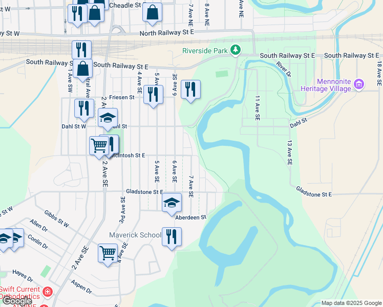 map of restaurants, bars, coffee shops, grocery stores, and more near 701 McIntosh Street East in Swift Current