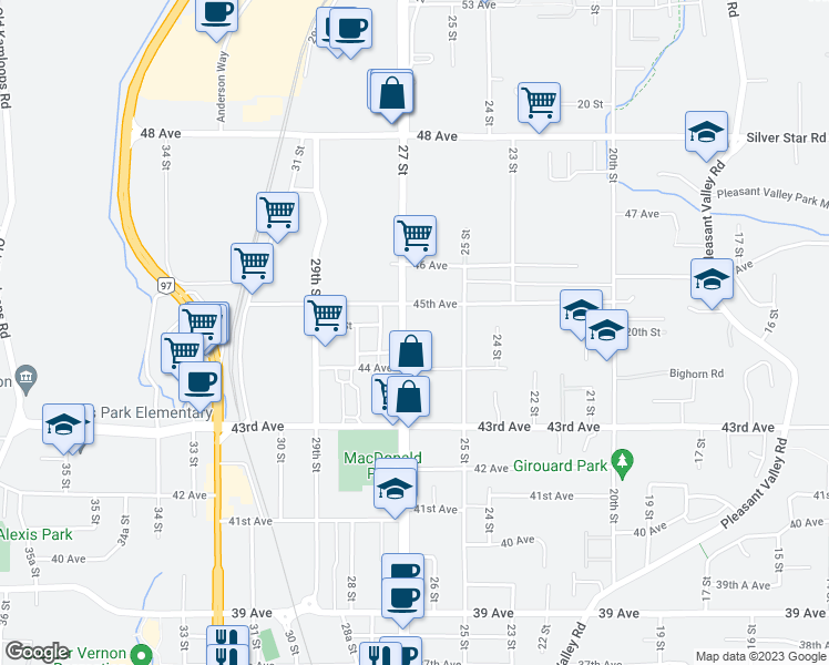 map of restaurants, bars, coffee shops, grocery stores, and more near 4415 27 Street in Vernon