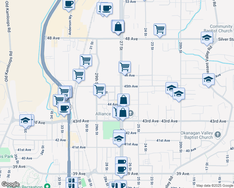 map of restaurants, bars, coffee shops, grocery stores, and more near 4415 27 Street in Vernon