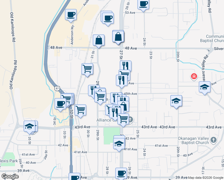 map of restaurants, bars, coffee shops, grocery stores, and more near 4506 27 Street in Vernon