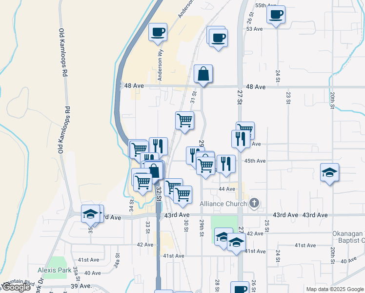 map of restaurants, bars, coffee shops, grocery stores, and more near 4504 29 Street in Vernon