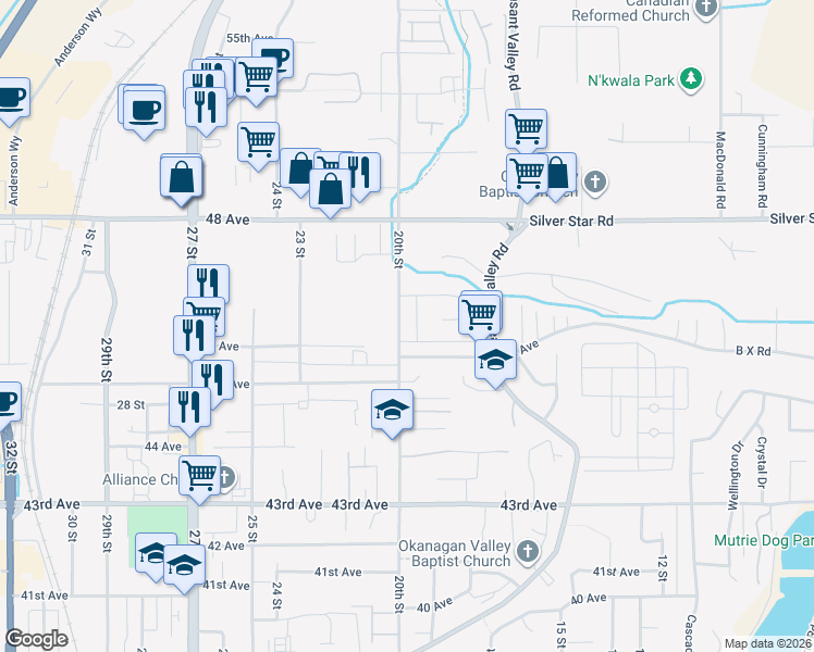 map of restaurants, bars, coffee shops, grocery stores, and more near 4607 20th Street in Vernon