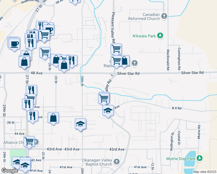 map of restaurants, bars, coffee shops, grocery stores, and more near 4701 Pleasant Valley Road in Vernon