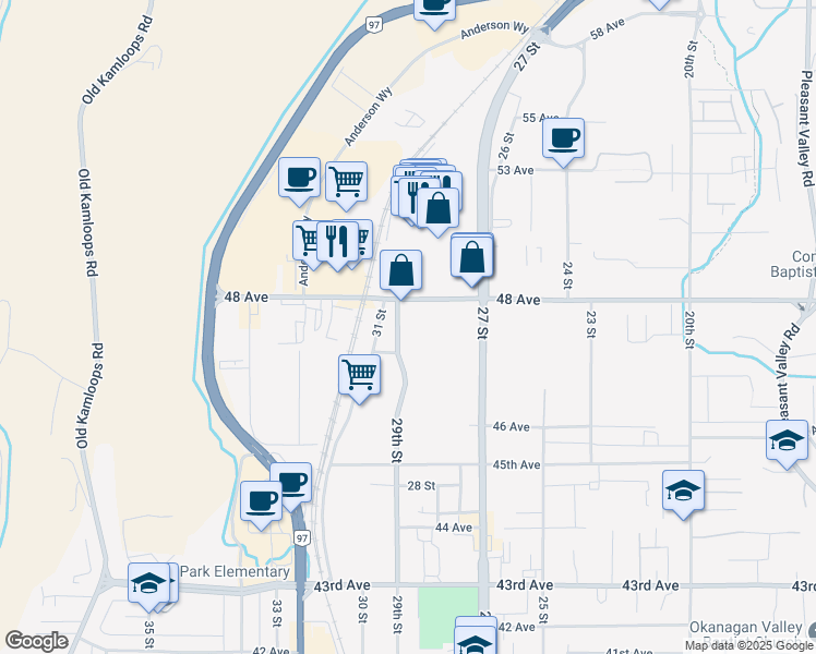 map of restaurants, bars, coffee shops, grocery stores, and more near 4707 29 Street in Vernon