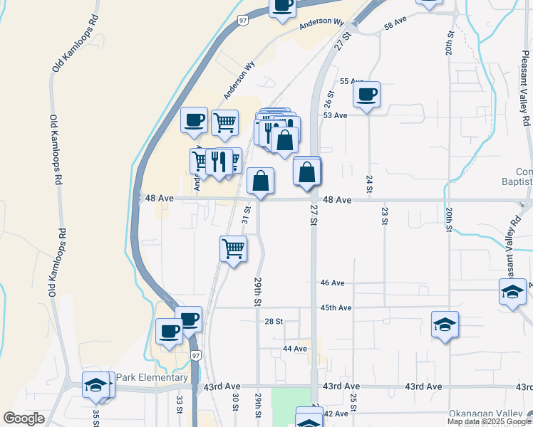 map of restaurants, bars, coffee shops, grocery stores, and more near 4709 29 Street in Vernon