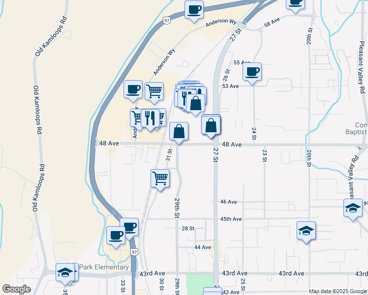 map of restaurants, bars, coffee shops, grocery stores, and more near 4709 29 Street in Vernon
