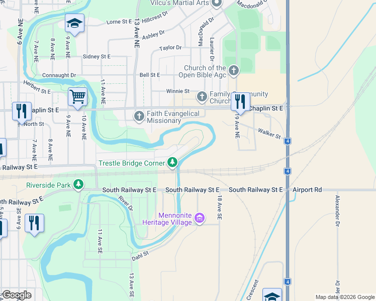 map of restaurants, bars, coffee shops, grocery stores, and more near 1497 Riverside Avenue in Swift Current