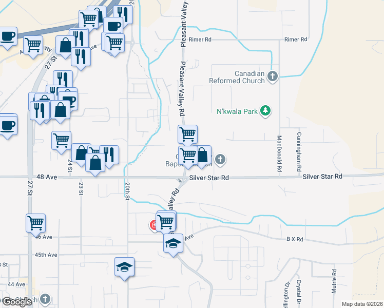 map of restaurants, bars, coffee shops, grocery stores, and more near 4907 Pleasant Valley Road in Vernon