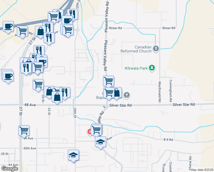 map of restaurants, bars, coffee shops, grocery stores, and more near 4907 Pleasant Valley Road in Vernon