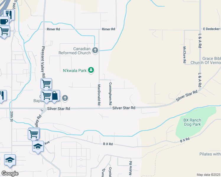 map of restaurants, bars, coffee shops, grocery stores, and more near Cunningham Road in Vernon