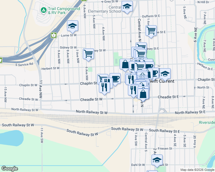 map of restaurants, bars, coffee shops, grocery stores, and more near 370 Chaplin Street West in Swift Current