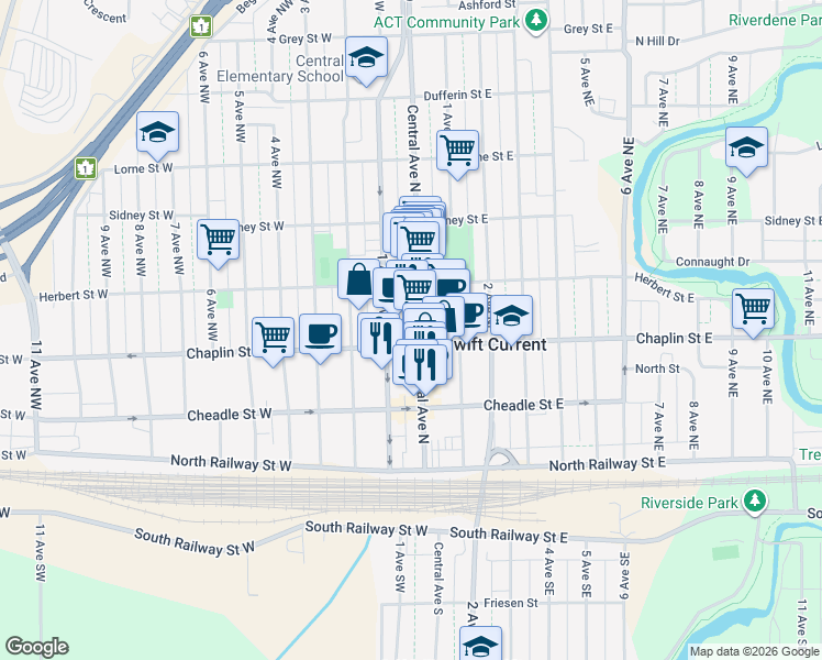 map of restaurants, bars, coffee shops, grocery stores, and more near 250 Central Avenue North in Swift Current