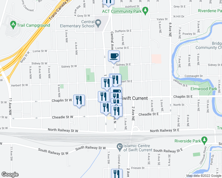 map of restaurants, bars, coffee shops, grocery stores, and more near 250 Central Avenue North in Swift Current