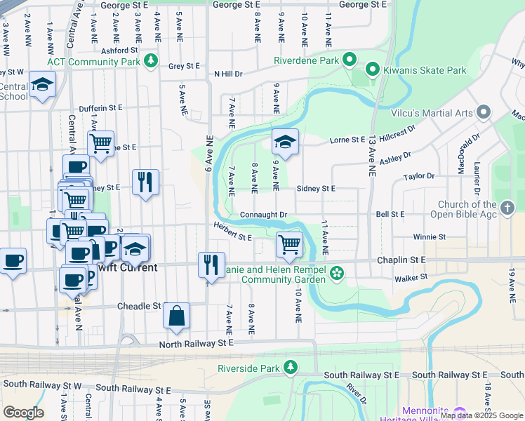 map of restaurants, bars, coffee shops, grocery stores, and more near 817 Connaught Drive in Swift Current