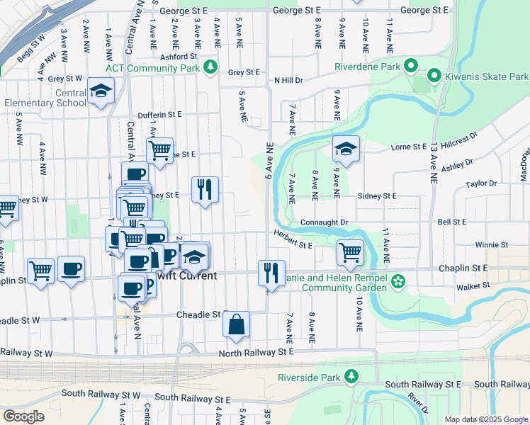 map of restaurants, bars, coffee shops, grocery stores, and more near 350 6 Avenue Northeast in Swift Current
