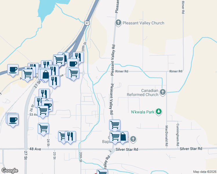 map of restaurants, bars, coffee shops, grocery stores, and more near 1699 Deleenheer Road in Vernon