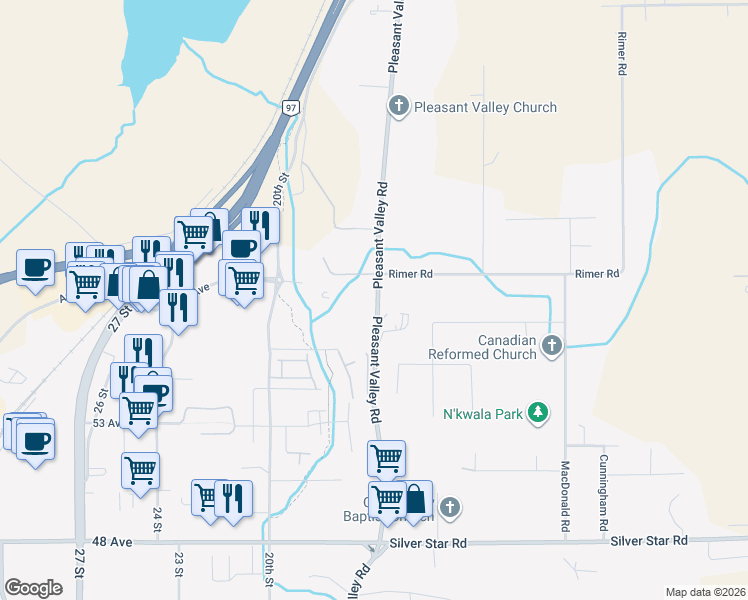 map of restaurants, bars, coffee shops, grocery stores, and more near 5844 Pleasant Valley Road in Vernon