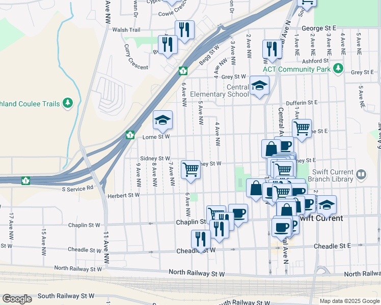 map of restaurants, bars, coffee shops, grocery stores, and more near 431 6 Avenue Northwest in Swift Current