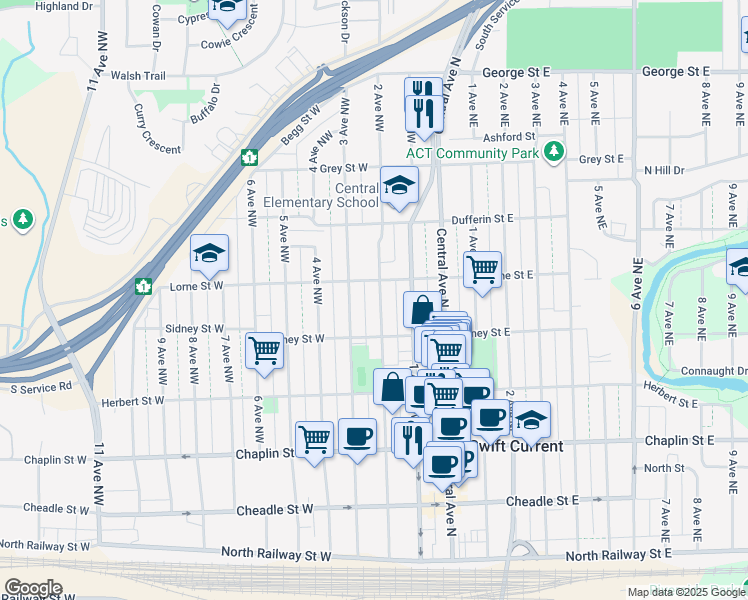 map of restaurants, bars, coffee shops, grocery stores, and more near 450 2 Avenue Northwest in Swift Current