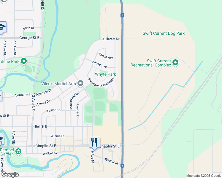 map of restaurants, bars, coffee shops, grocery stores, and more near 31 Hayward Place in Swift Current
