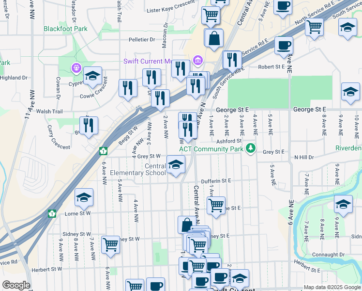 map of restaurants, bars, coffee shops, grocery stores, and more near 755 2 Avenue Northwest in Swift Current