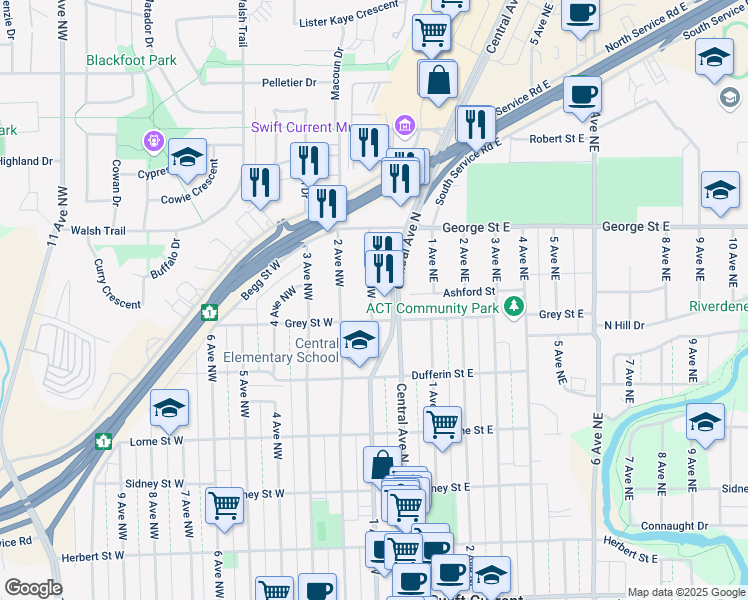 map of restaurants, bars, coffee shops, grocery stores, and more near 721 1 Avenue Northwest in Swift Current