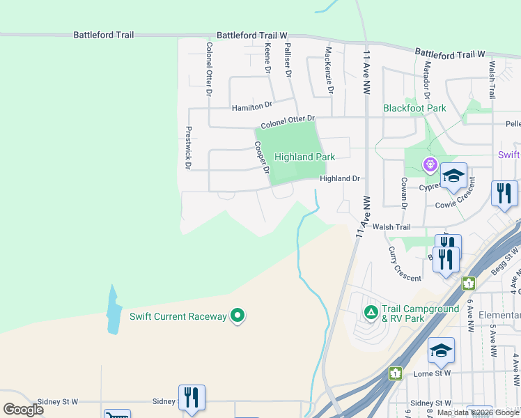map of restaurants, bars, coffee shops, grocery stores, and more near Balmoral Bay in Swift Current