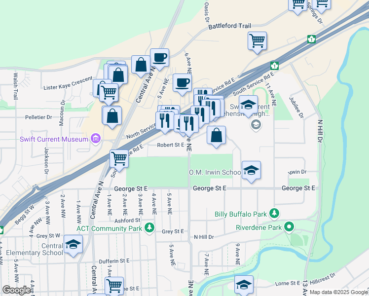 map of restaurants, bars, coffee shops, grocery stores, and more near 560 Robert Street East in Swift Current